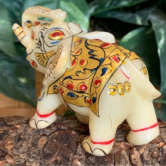 Marble Elephant Statue Trunk Up Hand Painted Indian Art home Decor Sculpture 3" - Picture 6 of 14